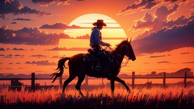 silhouette of a cowboy riding into the sunset c4d dreamy and optimistic vibrant sky