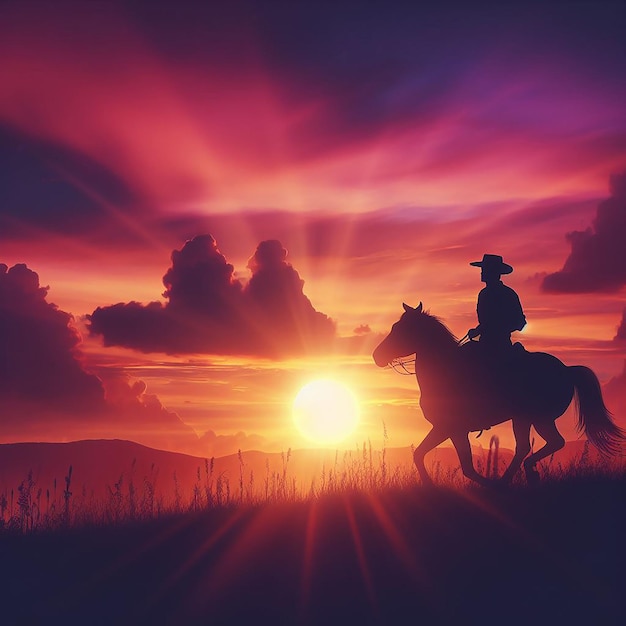 silhouette of a cowboy riding into the sunset c4d dreamy and optimistic vibrant sky