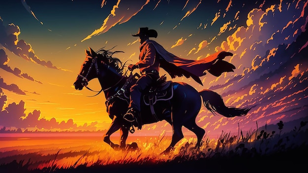 silhouette of a cowboy riding into the sunset c4d dreamy and optimistic vibrant sky