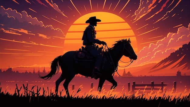 silhouette of a cowboy riding into the sunset c4d dreamy and optimistic vibrant sky