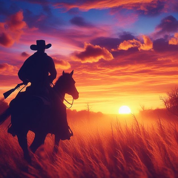 silhouette of a cowboy riding into the sunset c4d dreamy and optimistic vibrant sky