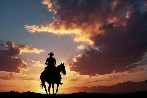 silhouette of a cowboy riding into the sunset dreamy and optimistic vibrant sky