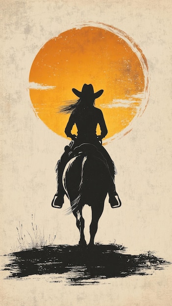 Photo silhouette of a cowgirl riding a horse into the sunset