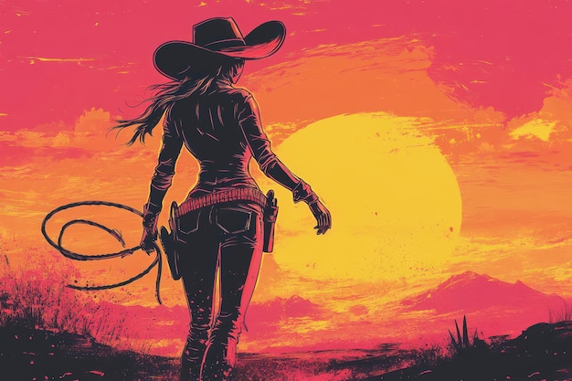 Photo silhouette of a cowgirl with a lasso facing the sunset