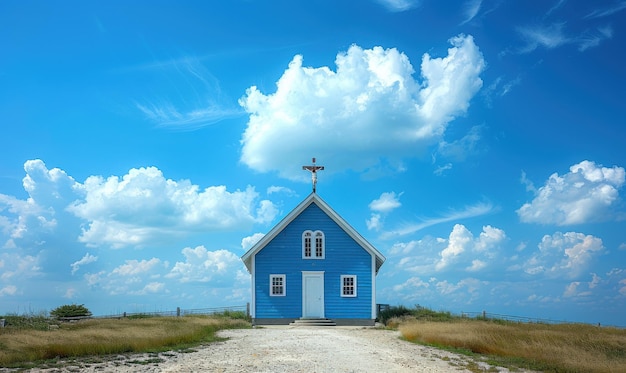 Photo silhouette of a cross atop a church against a blue sky with white clouds in a serene landscape