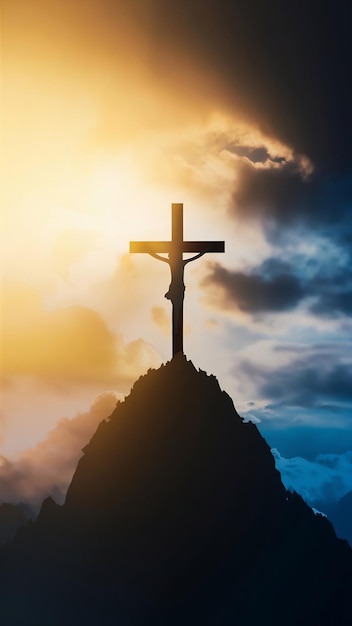 Silhouette cross or crucifixion of jesus christian on top of mountain with sunlight and clouds sky