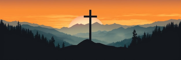 Silhouette of a cross on a hill in a mountain landscape at sunset Generative AI