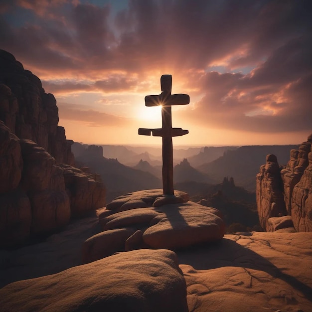 Silhouette of cross on rock formation during