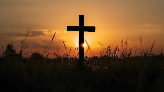 Silhouette cross at sunrise on grass