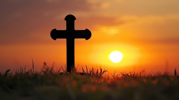 Silhouette cross at sunrise on grass