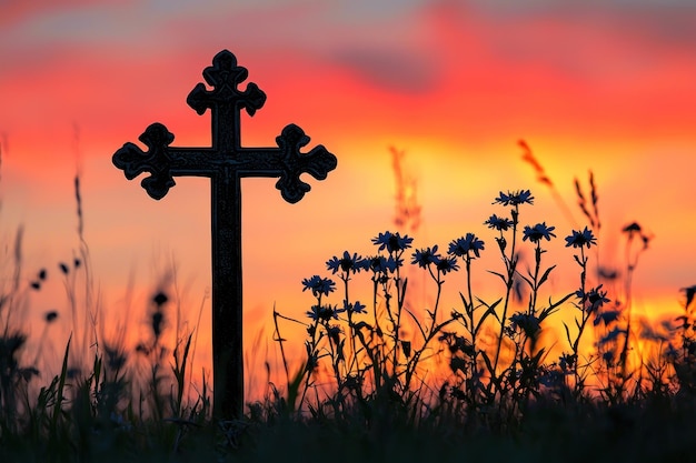 Photo silhouette cross at sunset with flowers generative ai