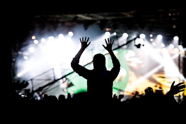 Silhouette of crowd concert, music fans on show.