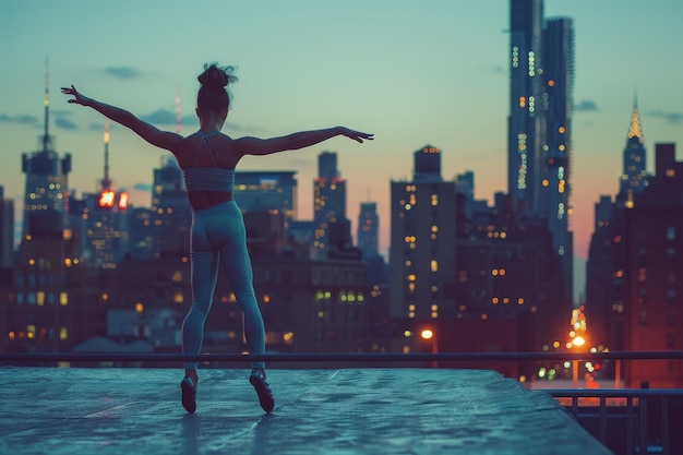 Photo silhouette of a dancer against a city skyline at dusk