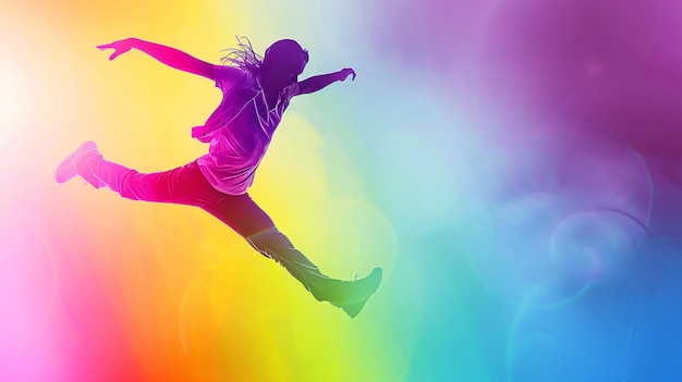 Silhouette of a dancer leaping against a rainbow background