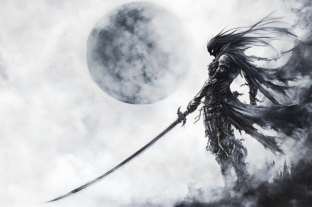 Silhouette of a Dark Figure with a Sword and a Full Moon in a Foggy Landscape