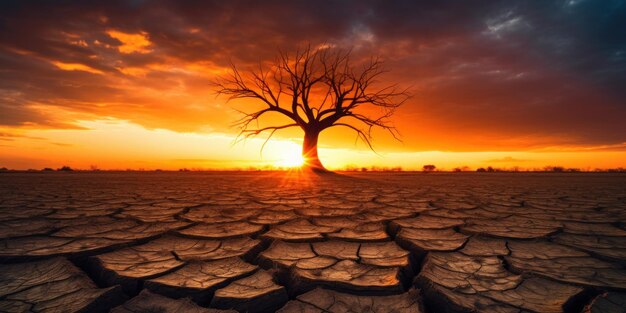 Silhouette of Dead Tree on Cracked Soil Sunset background Global Warming Concept Generative Ai