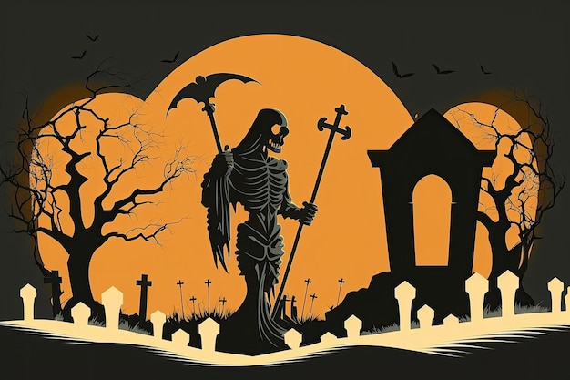 A silhouette of a death reaper standing in a cemetery