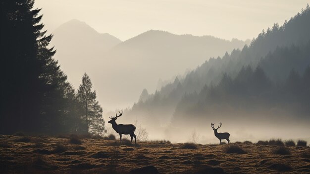 Photo the silhouette of a deer on a plain in the mountains