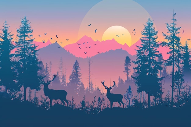 silhouette of deer with beautiful nature landscape background illustration