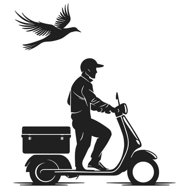 Photo silhouette of a delivery person on a scooter with a bird flying overhead