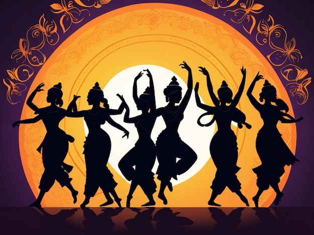 Photo silhouette design of dancing people celebrating durga puja ai generated