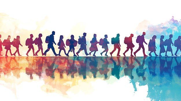 Photo silhouette of a diverse group of children and adults walking in a line reflected in water with a colorful watercolor background