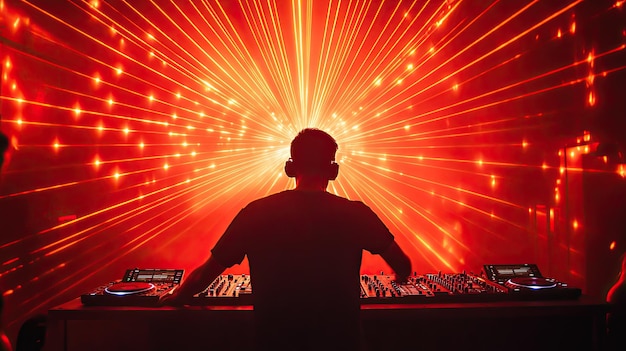 Photo silhouette of a dj in a club backlit by laser lights and strobe effects capturing the energy of the night