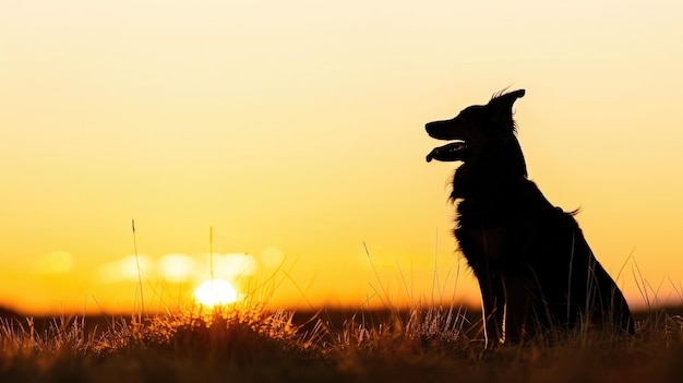 Silhouette of dog sitting in field at sunset