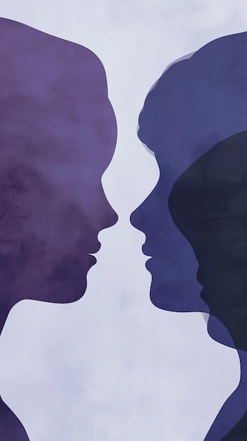 Silhouette of a double heads against a purple background Portraits of different women in profile