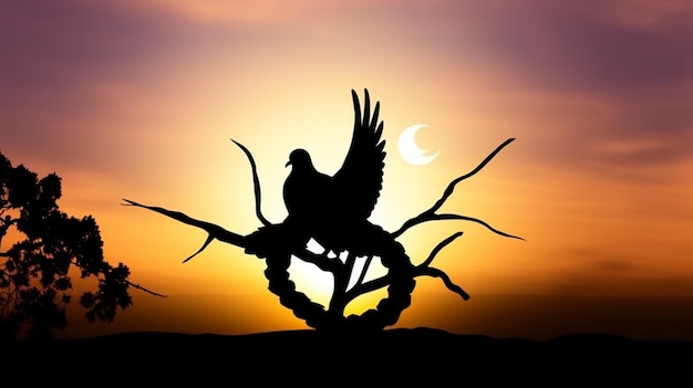 Silhouette of a dove on a background of the sun International Peace Day Concept