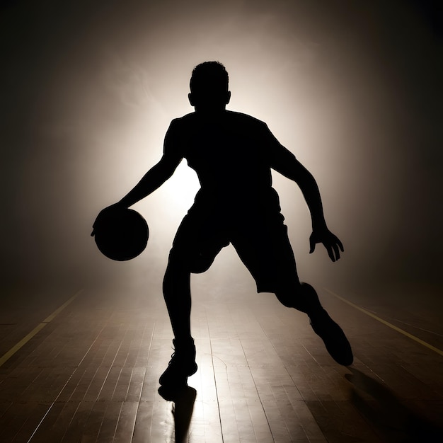 Silhouette dribbling basketball player on dimly lit court with dramatic backlight For Social Media P