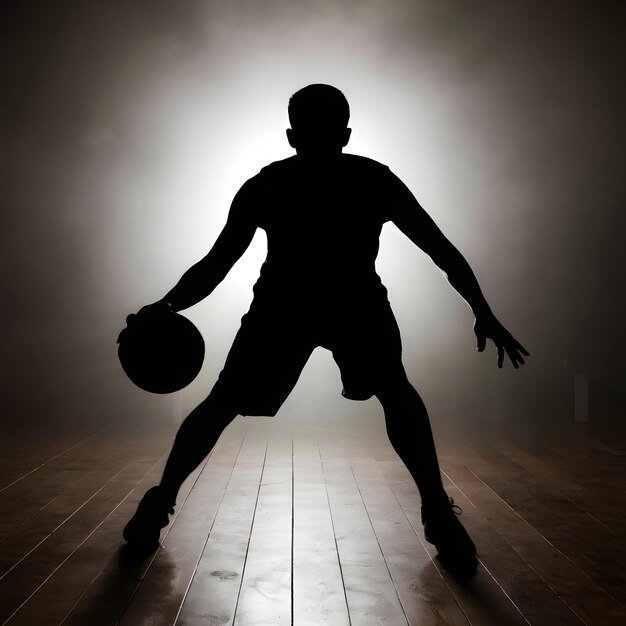 Silhouette dribbling basketball player on dimly lit court with dramatic backlight For Social Media P