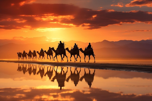 Silhouette of a Drover Leading a Caravan of Camels Generative Ai