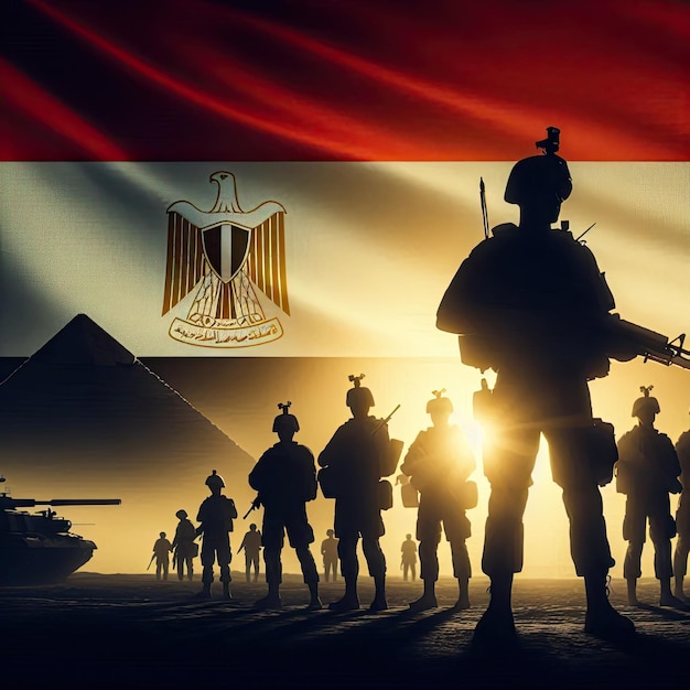 Photo silhouette of an egyptian solider against the sunrise concept armed forces of egypt with egypt flag