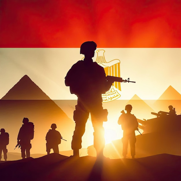 Photo silhouette of an egyptian solider against the sunrise concept armed forces of egypt with egypt flag