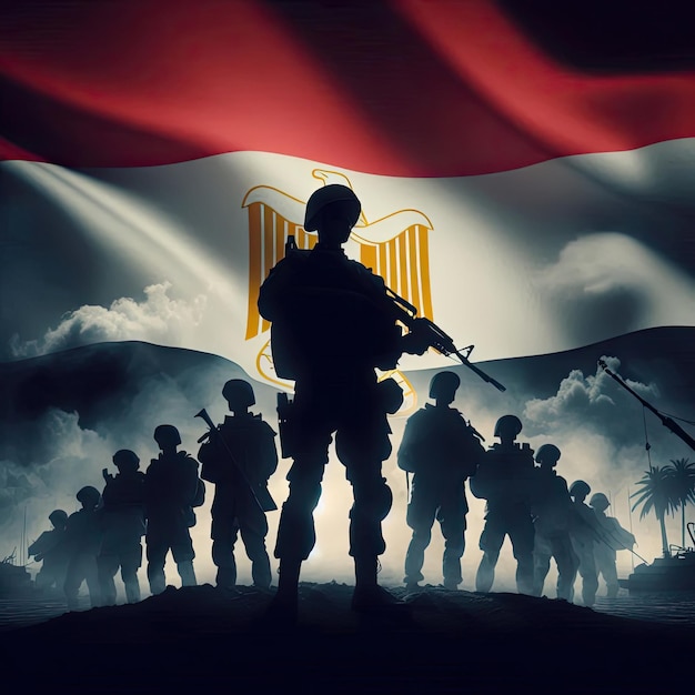 Silhouette Of An Egyptian Solider Against the Sunrise Concept Armed forces of Egypt with Egypt Flag