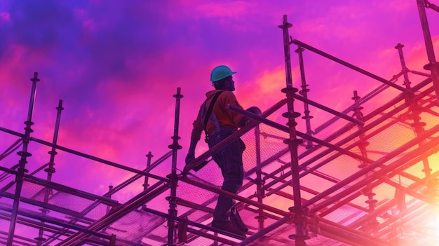 Silhouette engineer standing orders for construction crews to work on high ground heavy industry