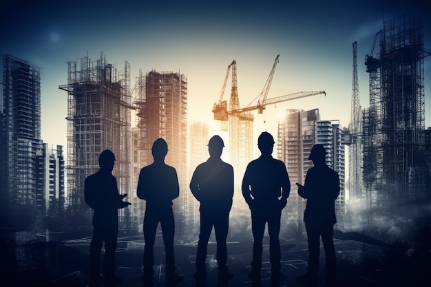 Silhouette Engineer team of the planning industry construction using the digital blueprint