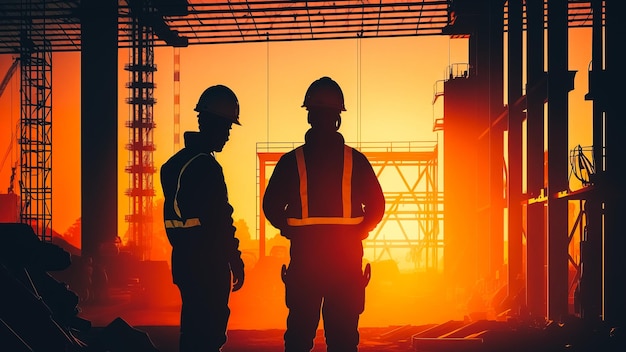 Silhouette of Engineer and worker on building site construction site at sunset in evening time