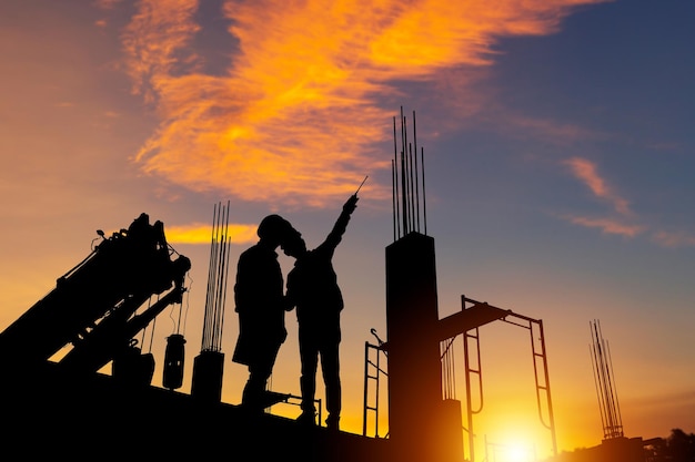 Silhouette of Engineer and worker checking project at building site background construction site at sunset in evening time