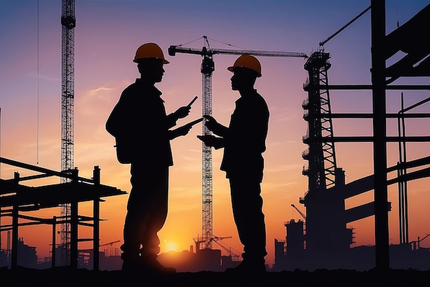 Silhouette of Engineer and worker checking project at building site background construction