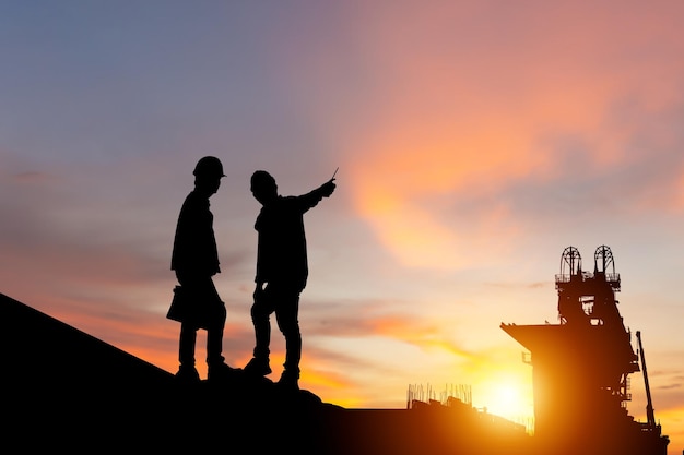 Silhouette of Engineer and worker man checking project at building site background Infrastructure construction site at sunset in evening time