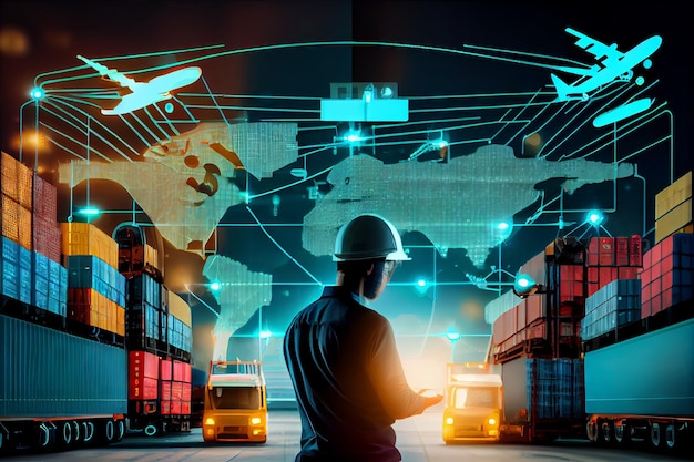 Silhouette of engineer working with container truck and freight cargo ship in importexport commercial logistic and transportation business concept Generative AI