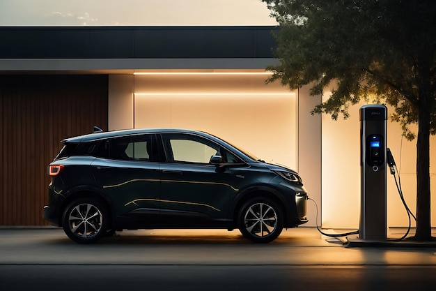 A silhouette of an EV electric car with a low battery charge at an electric charging station is seen