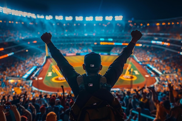 Photo a silhouette of an excited baseball fan cheering in the stands at night with lights and crowd silho