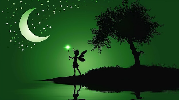 Photo silhouette of a fairy with a tree and moon in the background