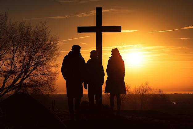 Silhouette of a Family Admiring a Cross at Sunset