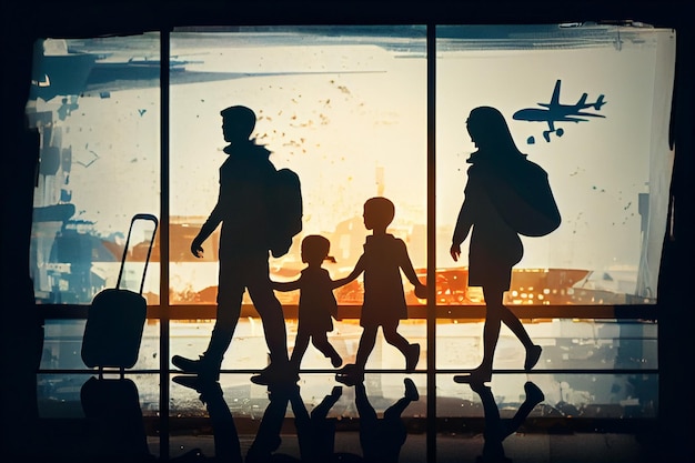 Silhouette Family at airport traveling with kids made with generative AI