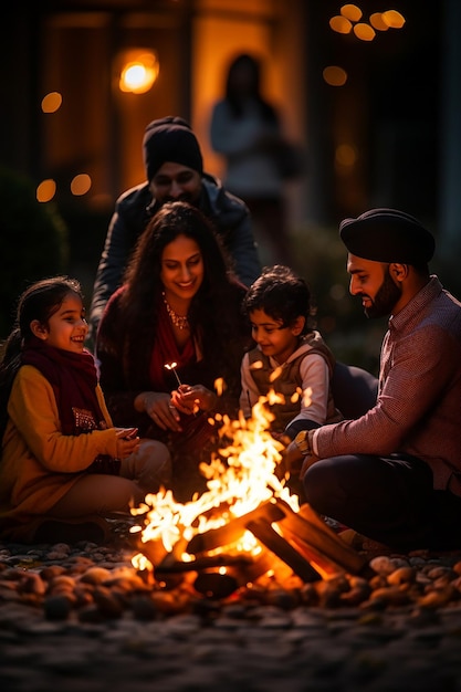 silhouette of a family gathered around the fire celebrating Lohri suitable for a poster background