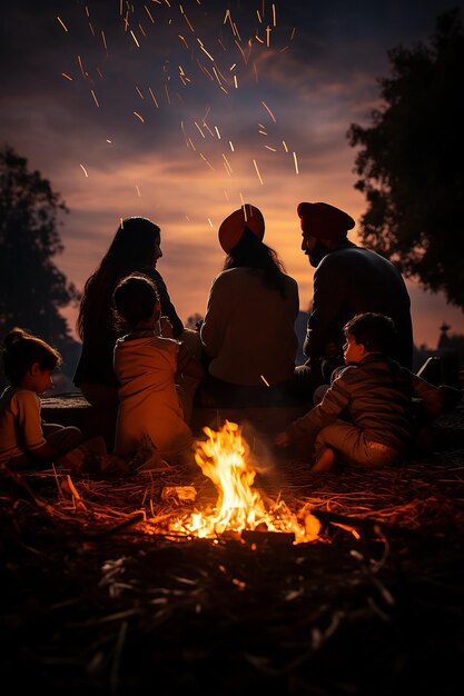 silhouette of a family gathered around the fire celebrating Lohri suitable for a poster background